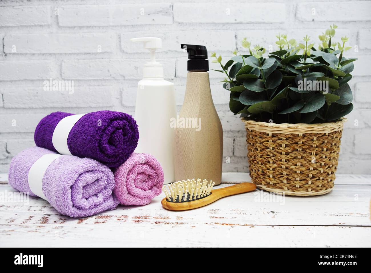 Clean towels, Shampoo, Liquid Soap with Other Toiletry and interior  accessories with copy space Stock Photo - Alamy