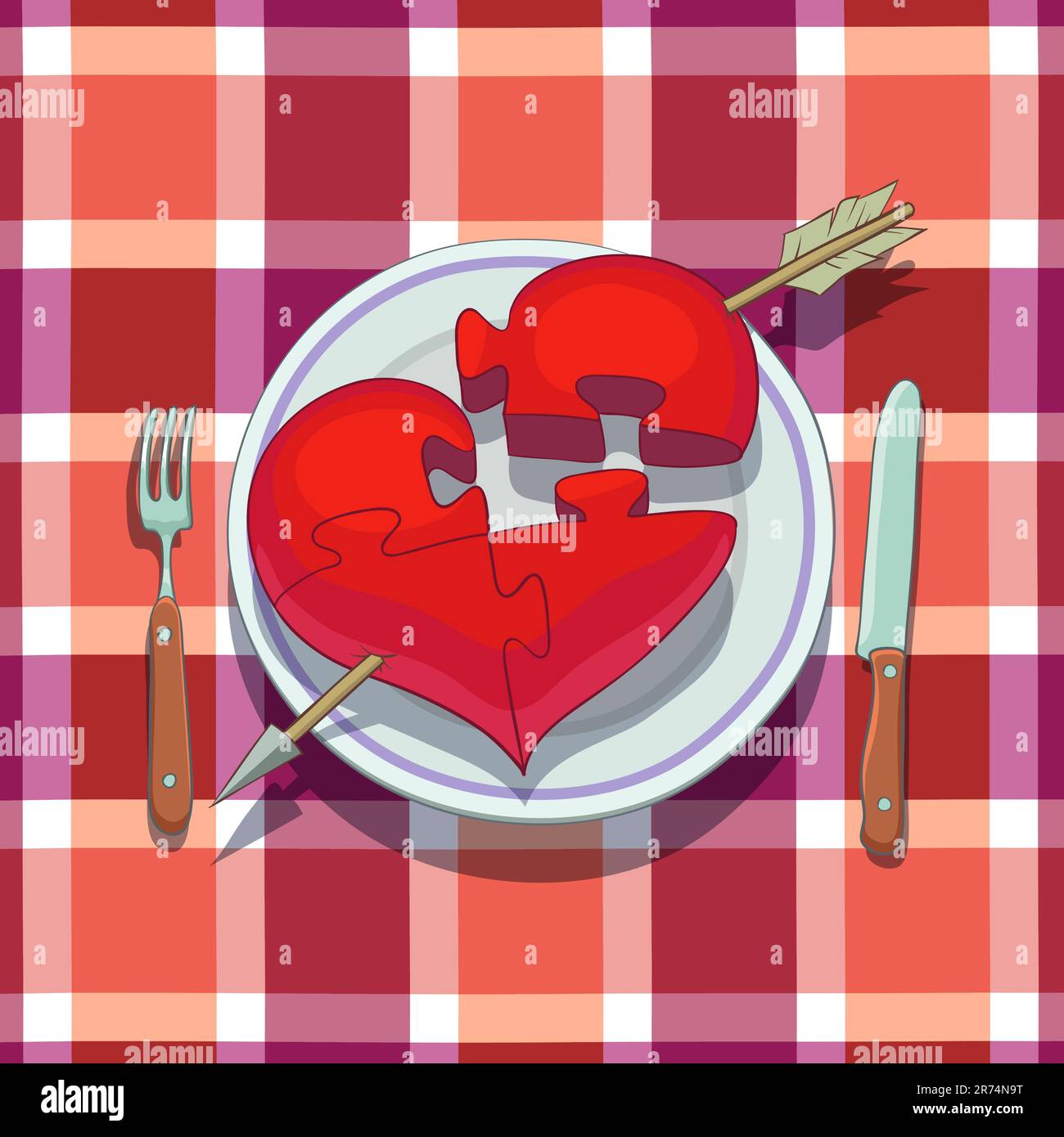 Valentine's Day Lunch: heart with arrow is placed on plate and is subdivided like a puzzle, a fork and a knife are near the plate. Stock Vector