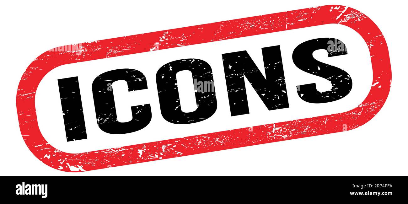 ICONS, text on red-black rectangle stamp sign Stock Photo - Alamy