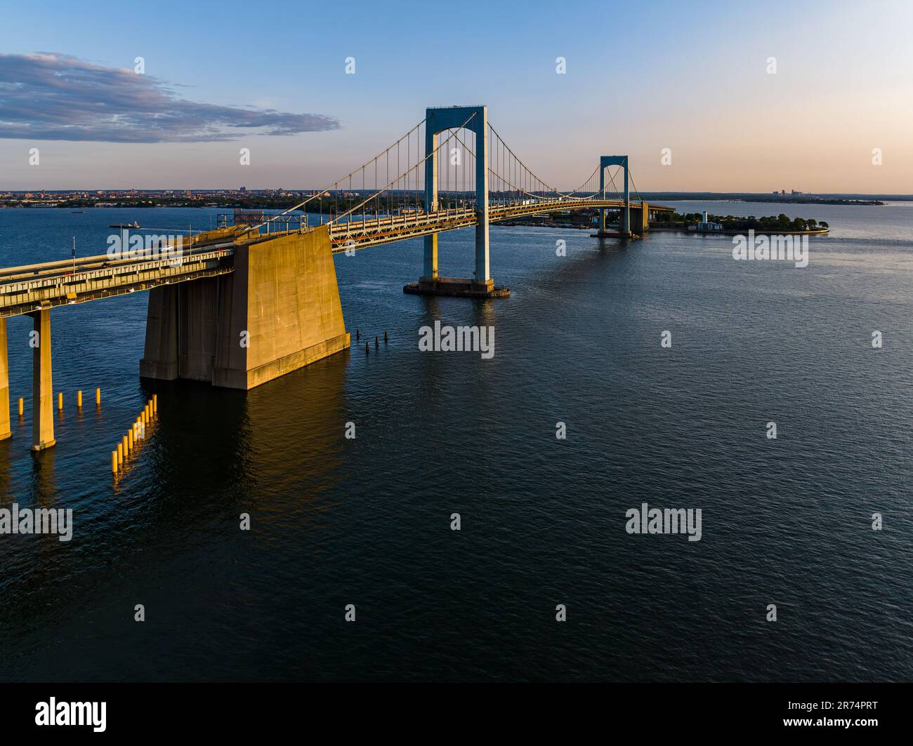 An aerial view of Throgs Neck Bridge in New York City at sunrise Stock