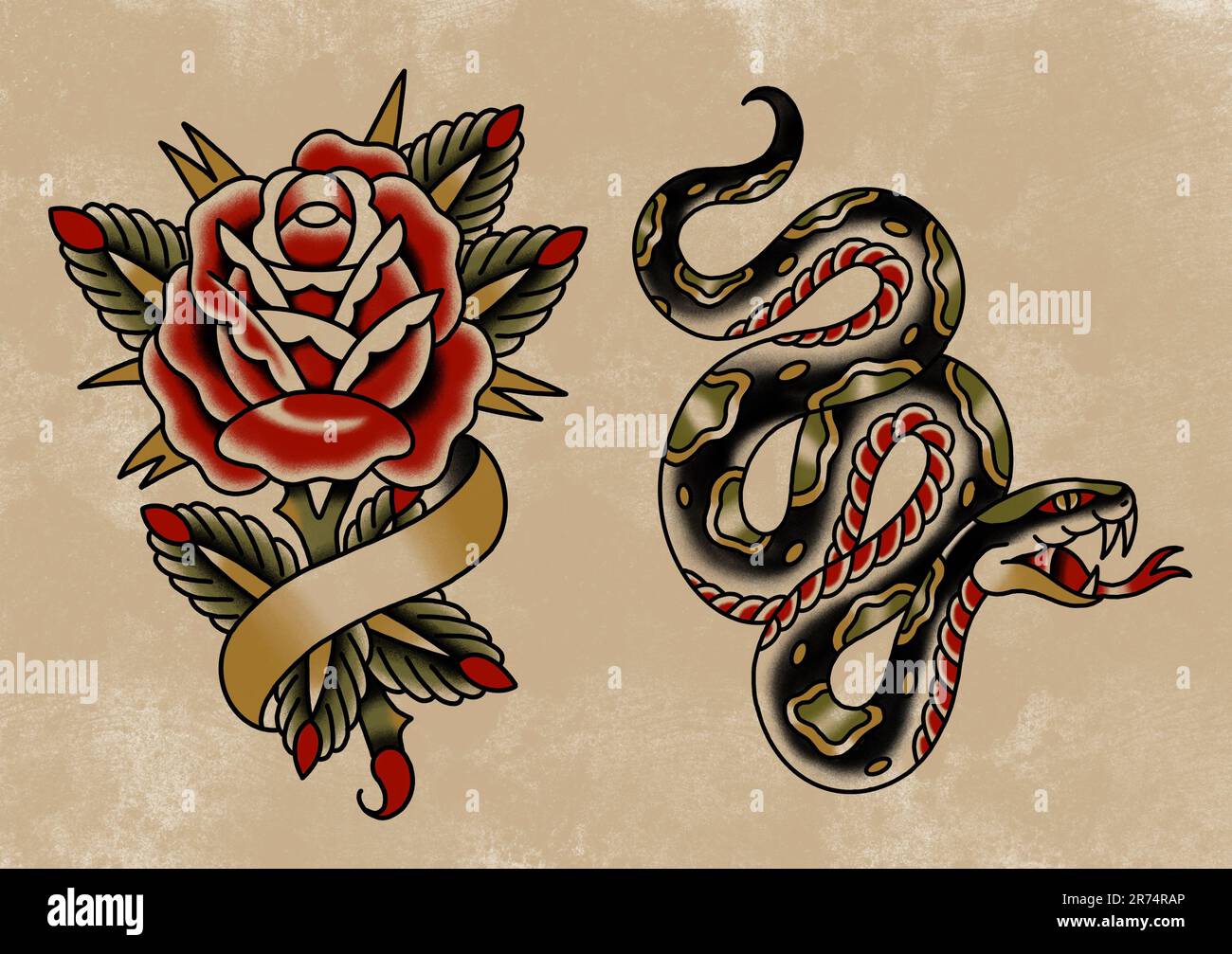 Old school traditional tattoo flash sheet drawings snake and rose with paper scroll on old paper background Stock Photo