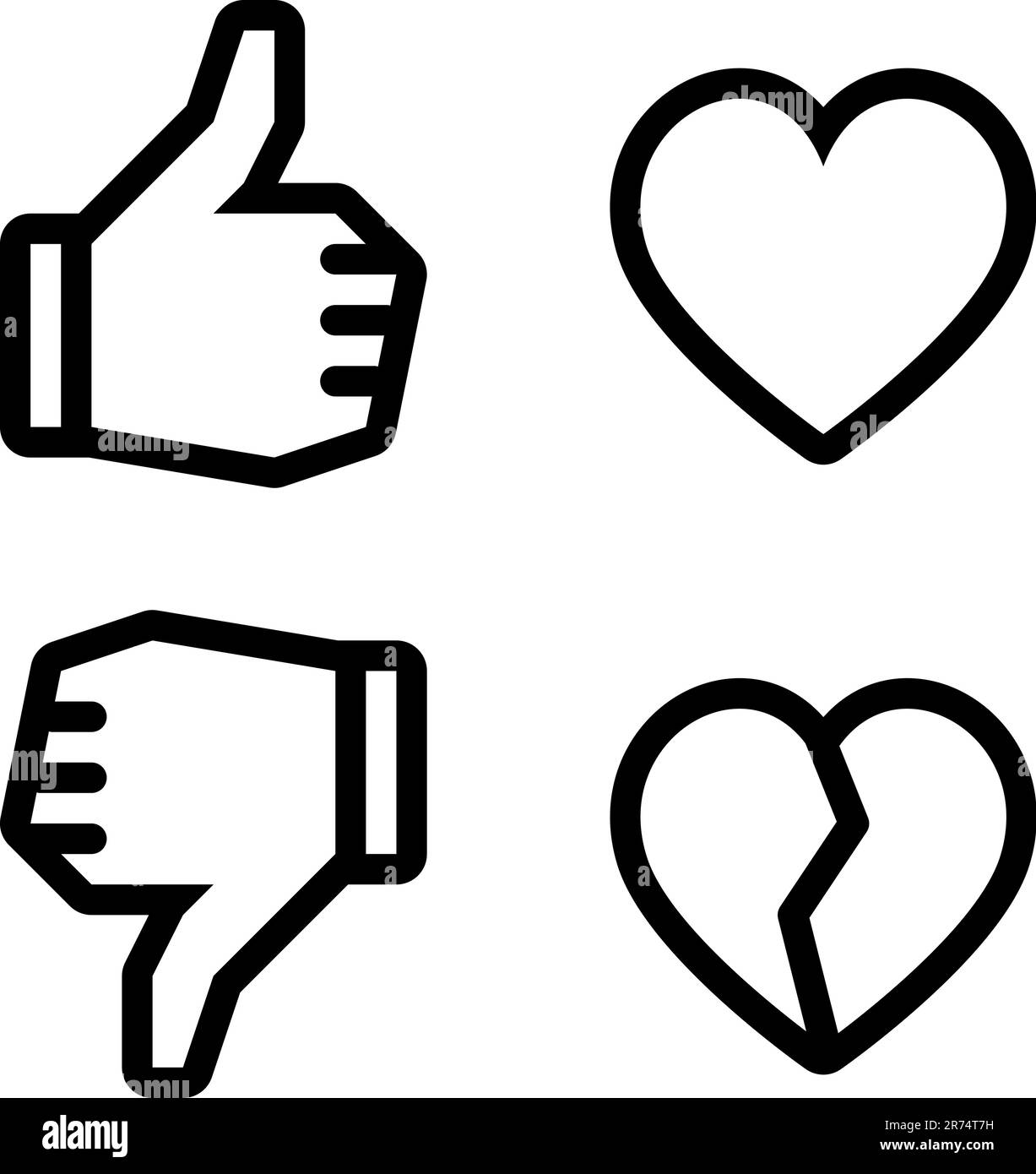 Like signs: thumb up and heart. Unlike: thumb down and broken heart. Icons are aligned according to the pixel grid. It means that the images are pr... Stock Vector