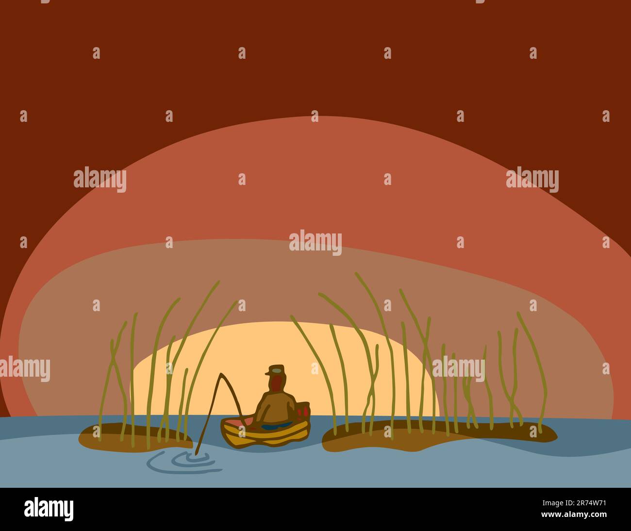 Man in boat with fishing among tall reeds at sunrise Stock Vector