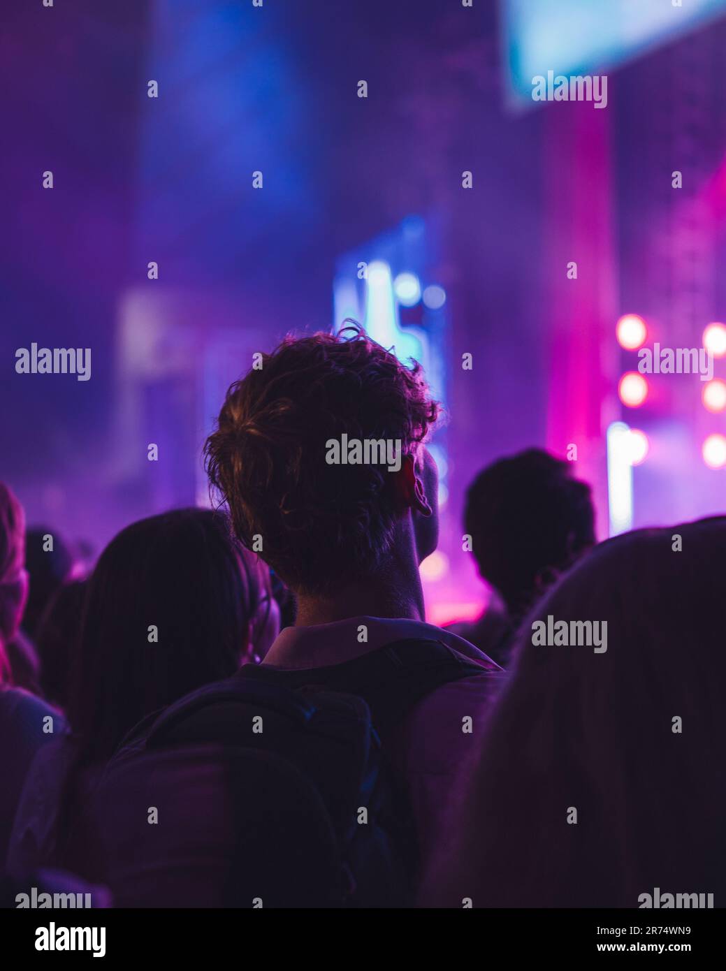 A crowd of people watching a band perform on stage in front of them. Stock Photo