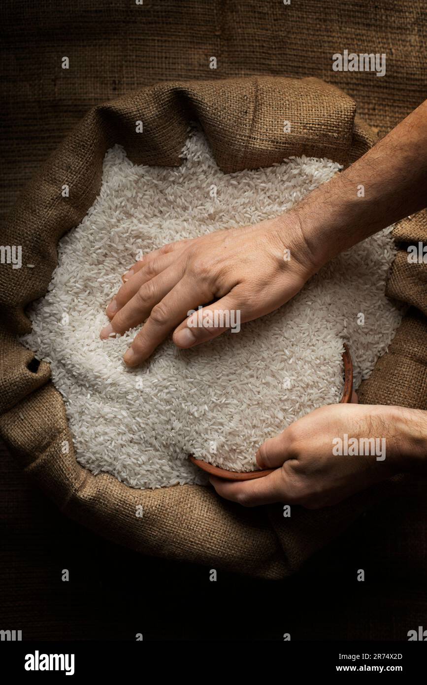 Human hands holding handful of rice over burlap sack Stock Photo