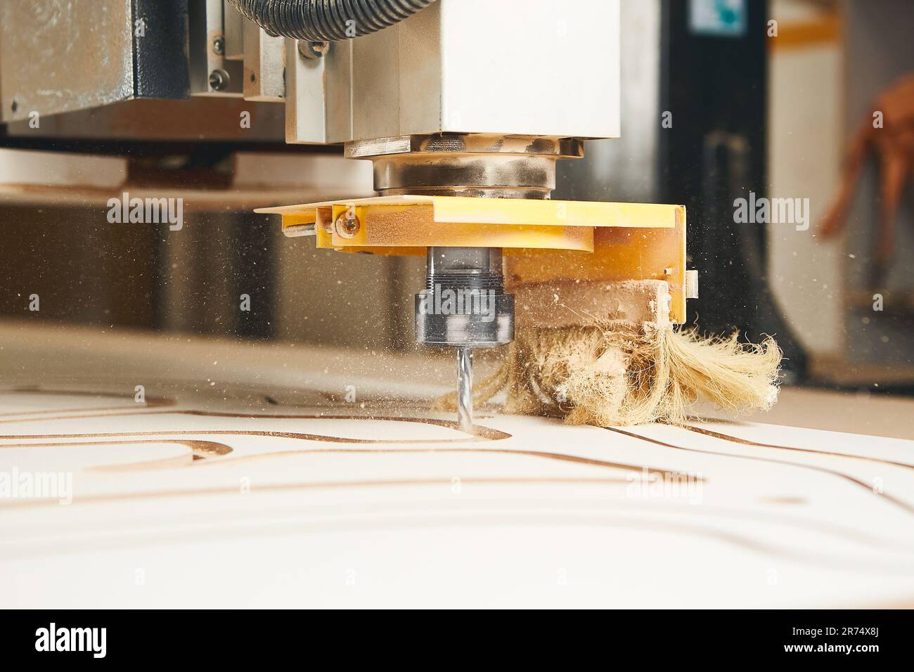 CNC milling machine. Machine tool in wood factory with drilling