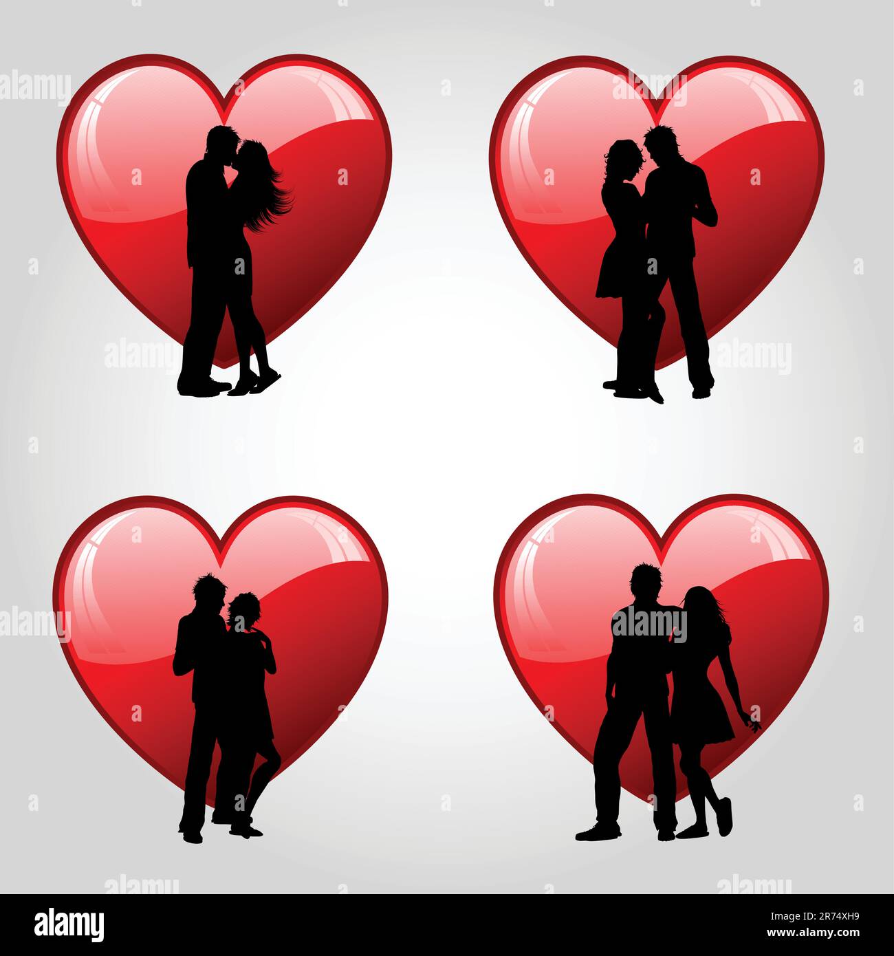 Silhouettes of couples against glossy red hearts Stock Vector Image ...