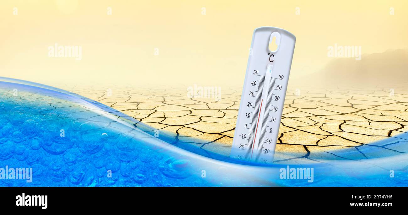 Thermometer in water with dried up landscape Stock Photo Alamy