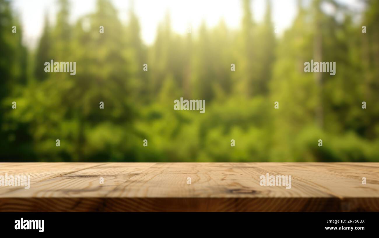 The empty wooden table top with blur background of boreal forest ...