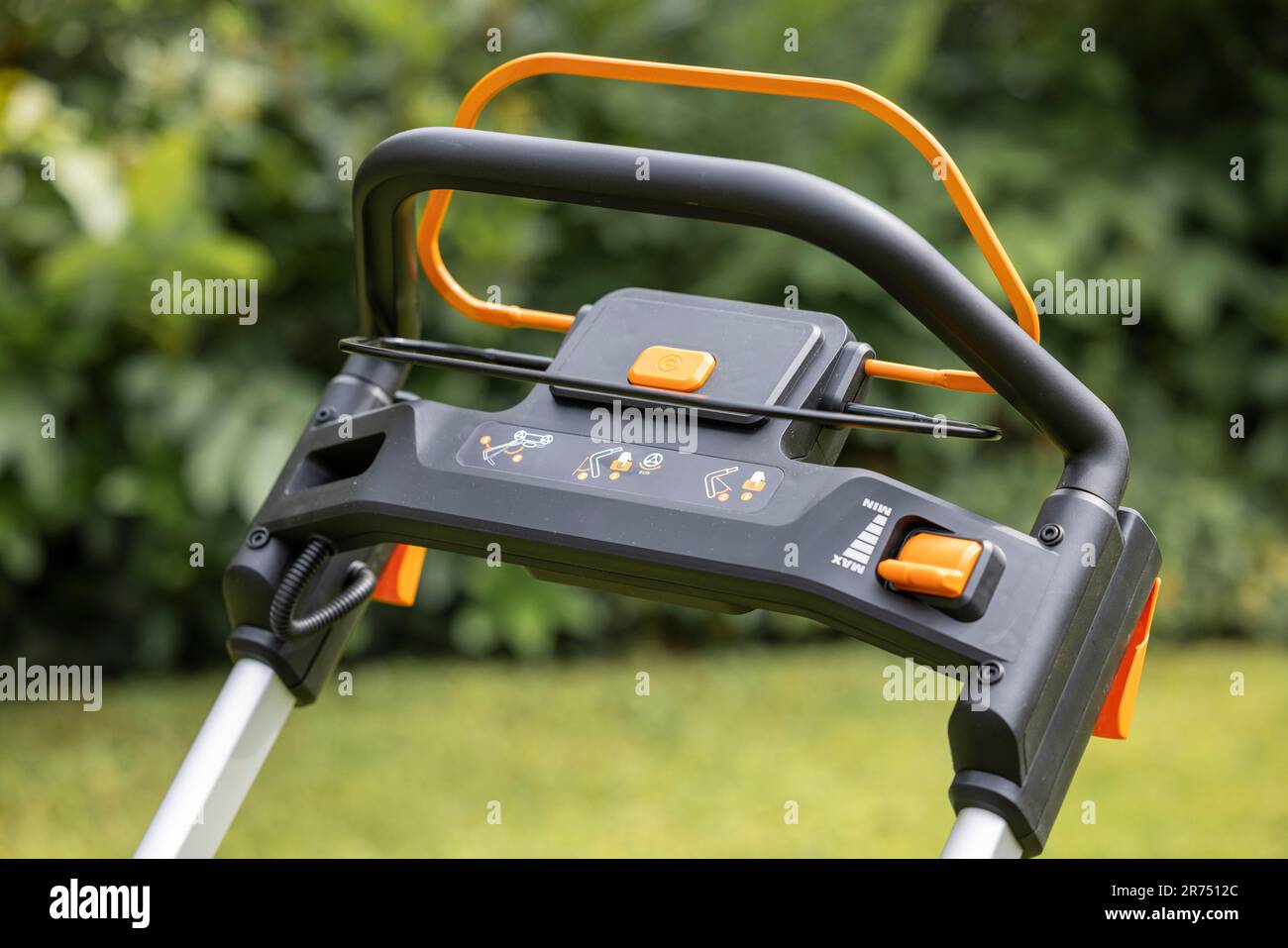 Controls, new cordless lawn mower WORX NITRO WG749E - 40 V, detail, lawn mowing, garden, Stock Photo