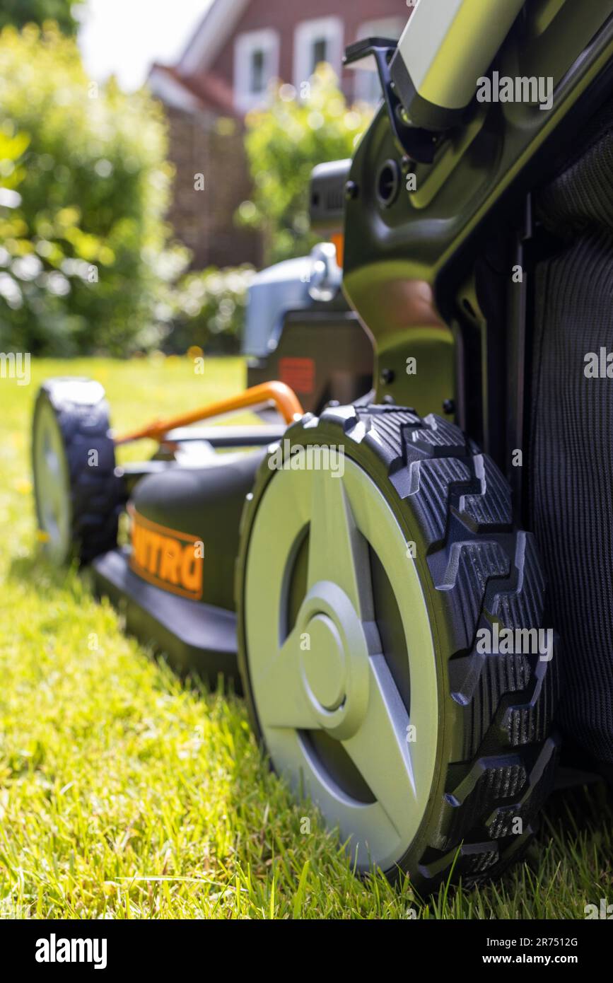 Lawn mower wheel rear, detail, new battery lawn mower WORX NITRO WG749E - 40 V, lawn mowing, garden, Stock Photo