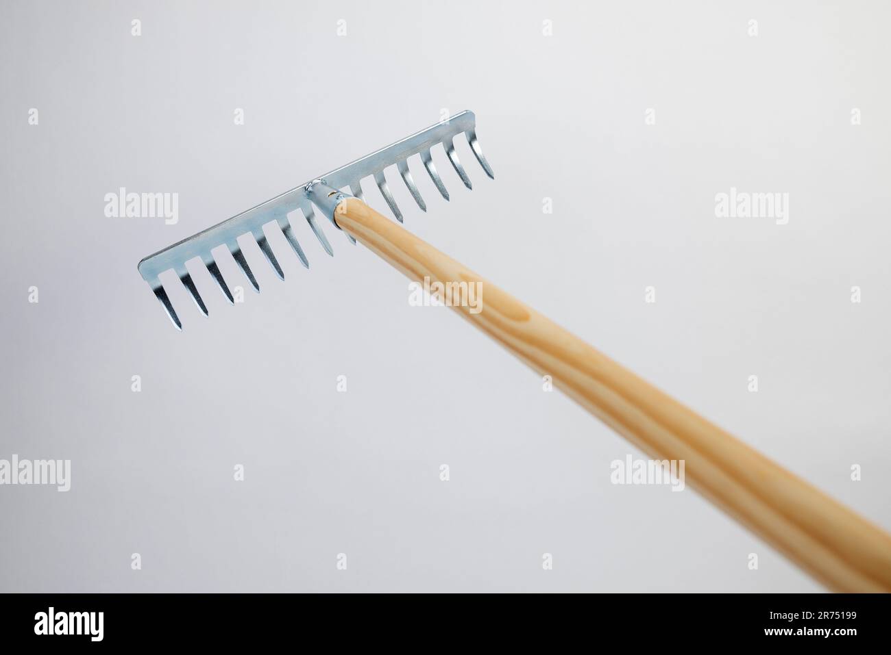 Garden rake, with wooden handle, silver galvanized tines, detail, white background, Stock Photo