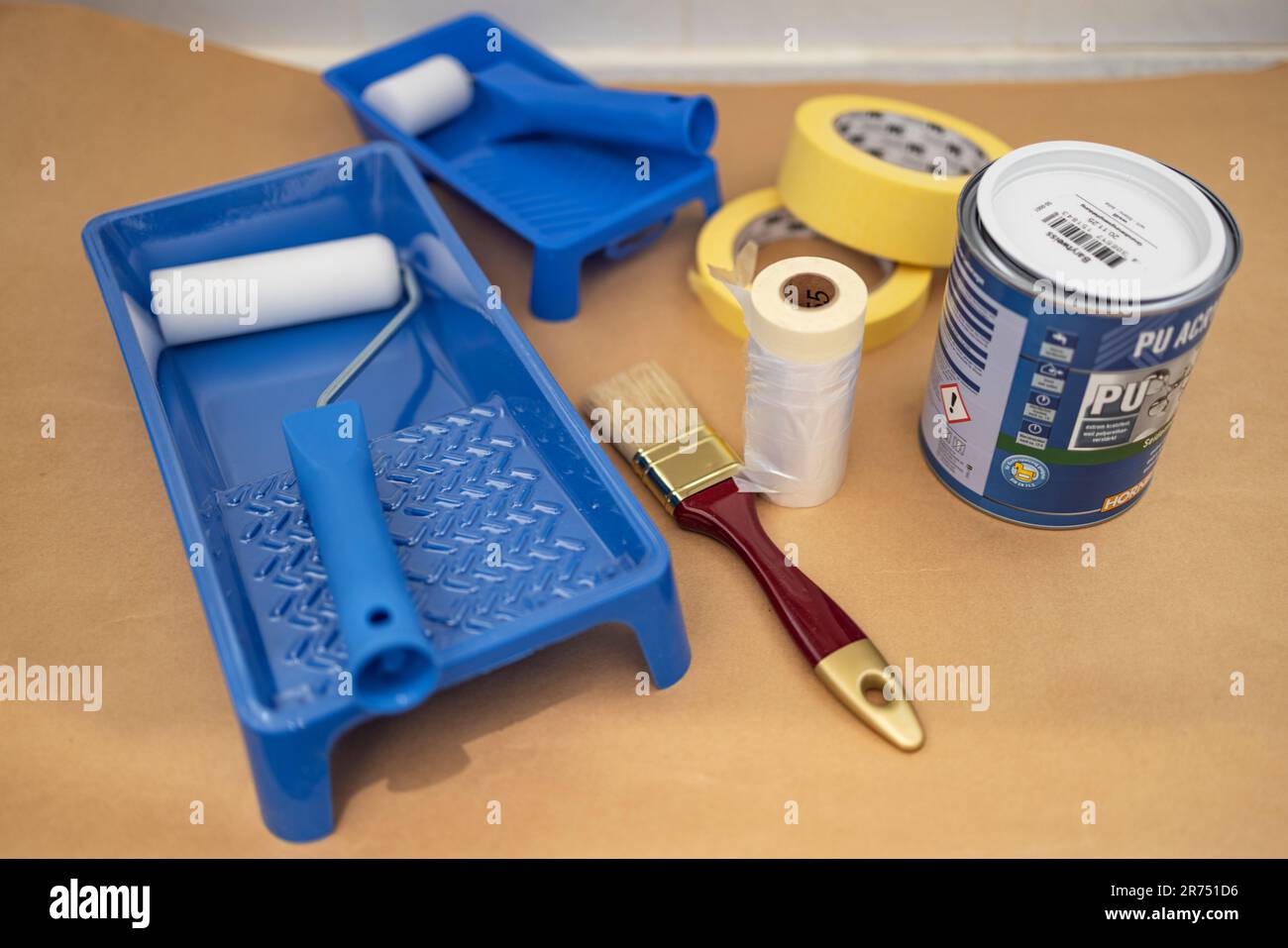 Painting tools on masking paper, Stock Photo