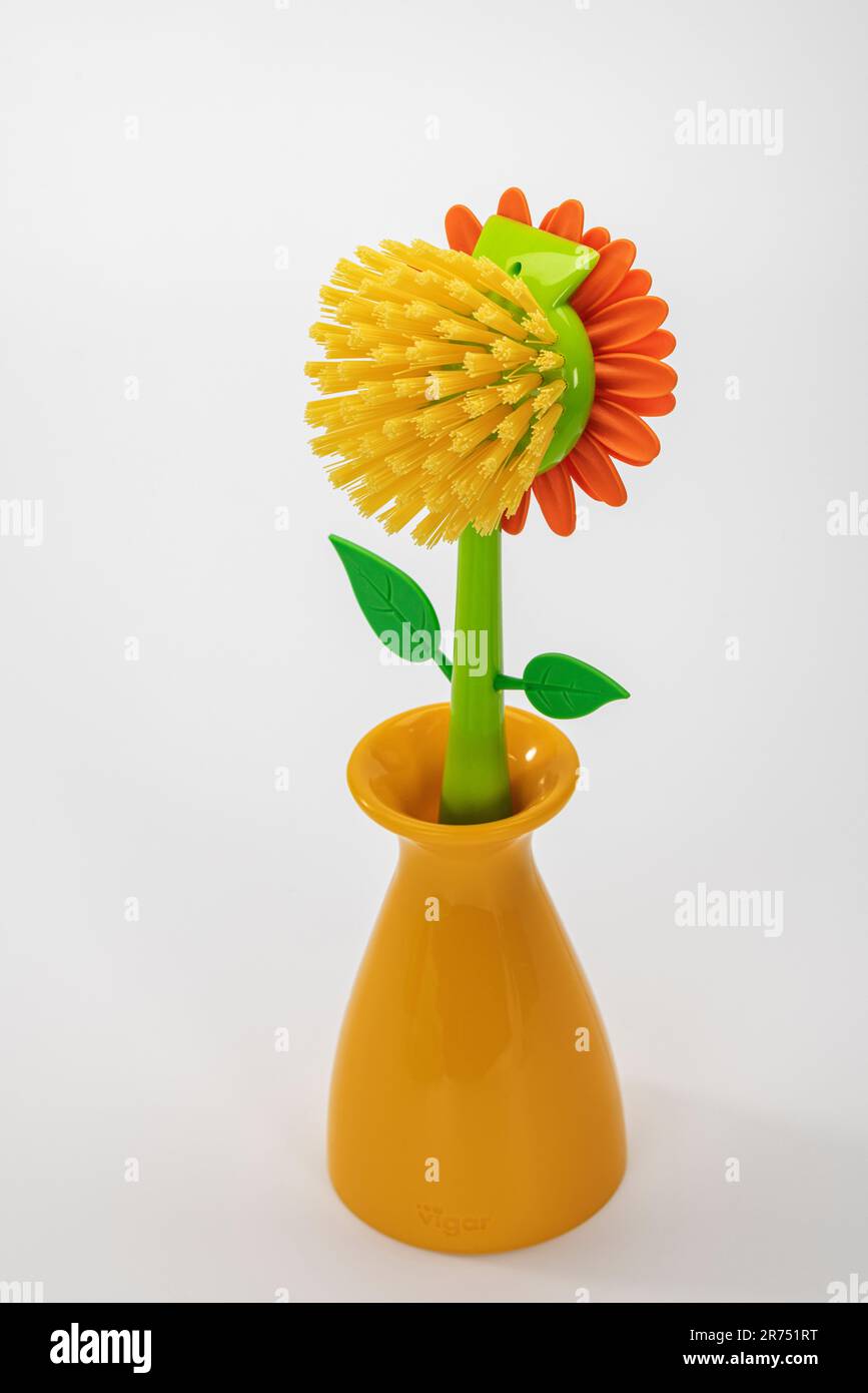 Decorative yellow dish brush flower shaped in vase by VIGAR 'Flower Power', white background, Stock Photo