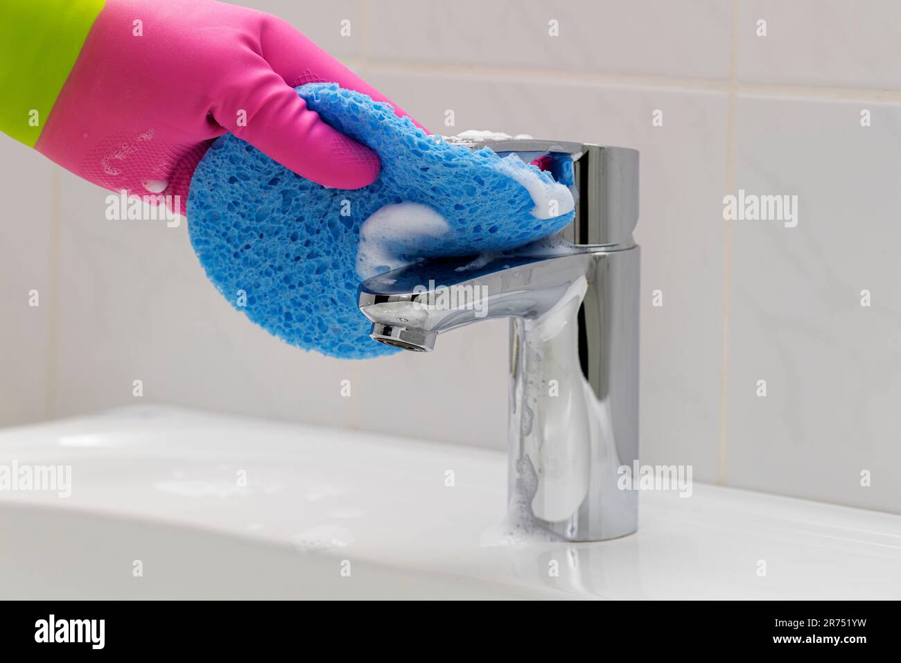 Bathroom, faucet faucet cleaning, cleaning sponge, hand sink, detail, Stock Photo
