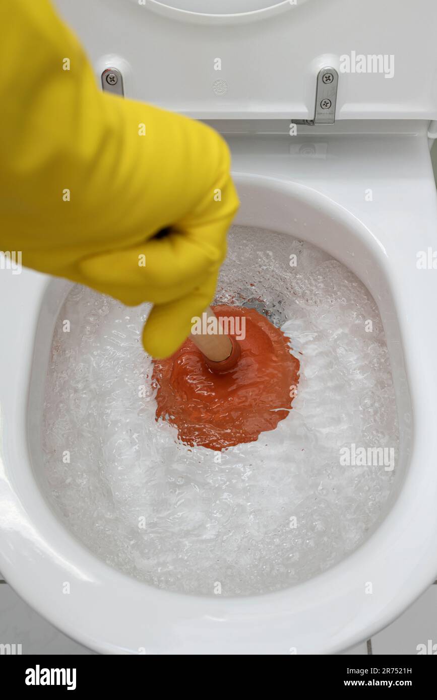 Clogged toilet, use the plunger to remove the blockage, detail Stock