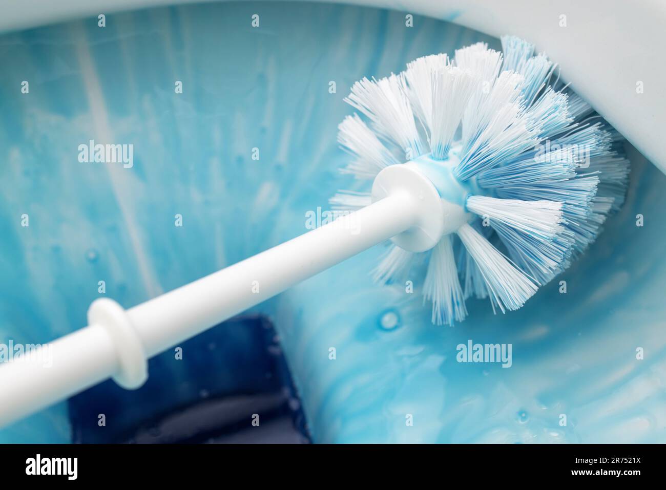 Clean toilet, clean toilet rim with toilet brush and liquid toilet