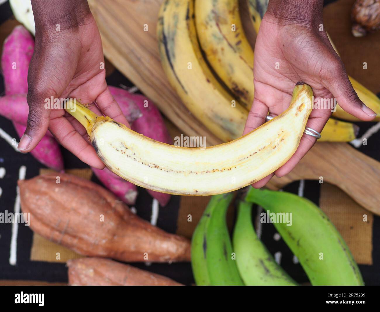 woman slicing long side plantain to traditional african food preparation. Stock Photo