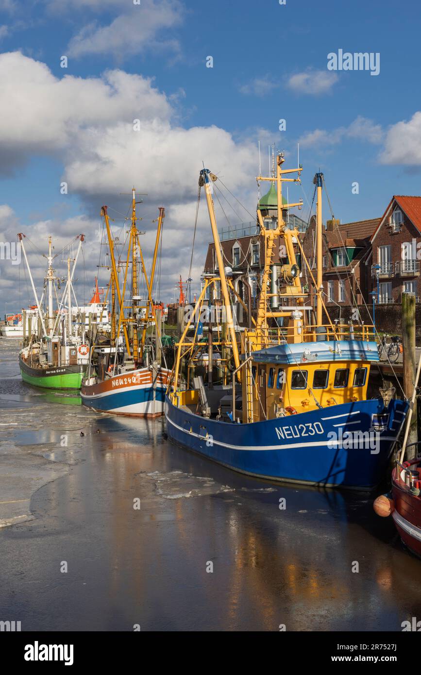 Winter atmosphere, icy harbor, crab cutter in the harbor of Neuharlingersiel, East Frisia, Lower Saxony, Stock Photo