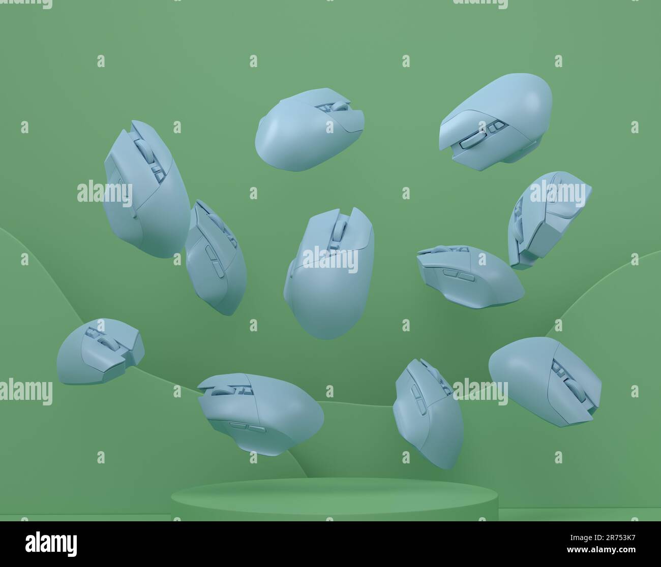 Set of computer mouses from gamer workspace on cylinder podium on