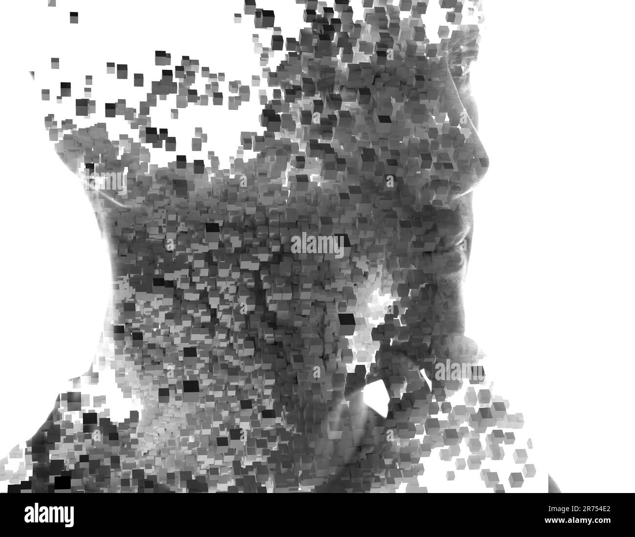 Double exposure portrait of a man combined with a pattern of small 3D cubes Stock Photo