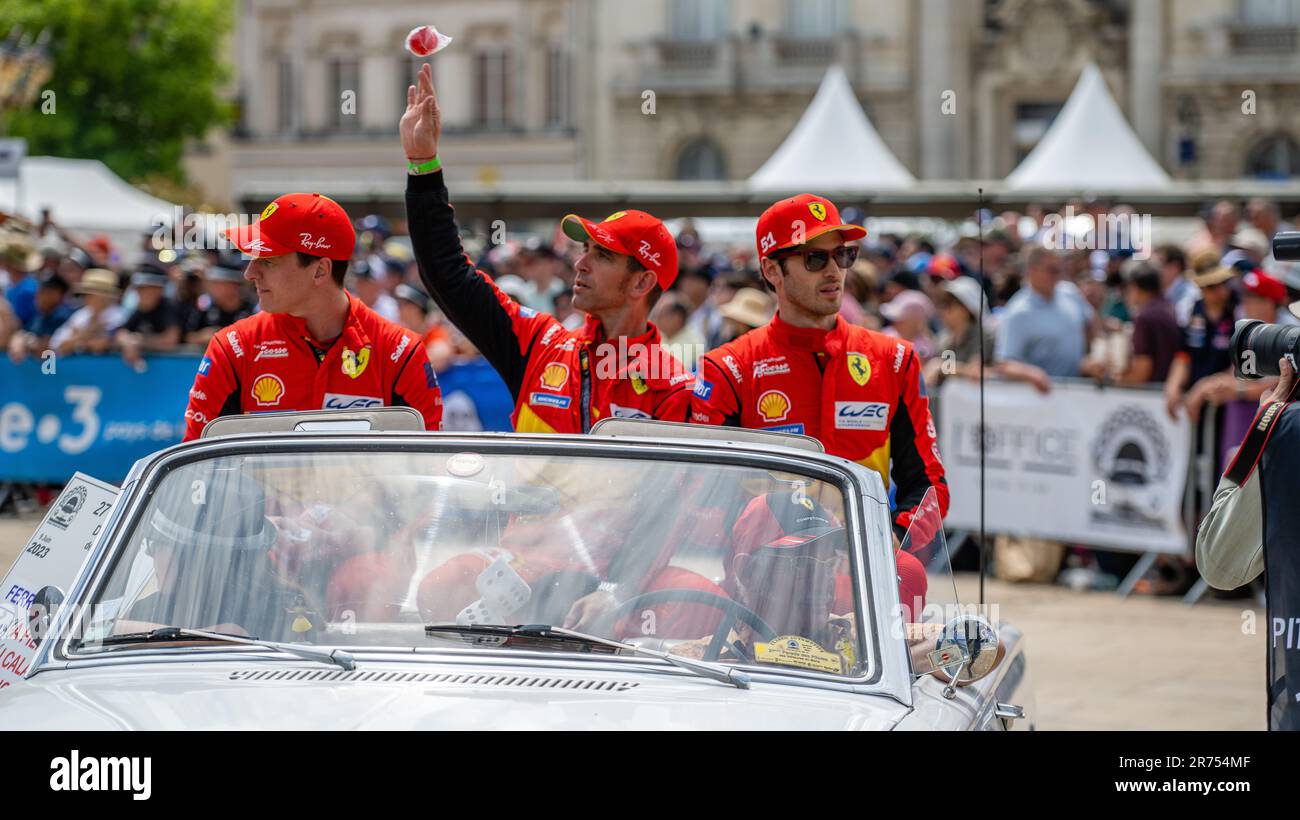 Town Centre, Le Mans, France, 9th June 2023. Ferrari 499P Hypercar, Car 51 driven by Antonio Giovinazzi, James Calado and Alessandro Pier Guidi enjoying all the support from hundreds of race fans during the Drivers Parade. Credit: Ian Skelton/Alamy Live News. Stock Photo