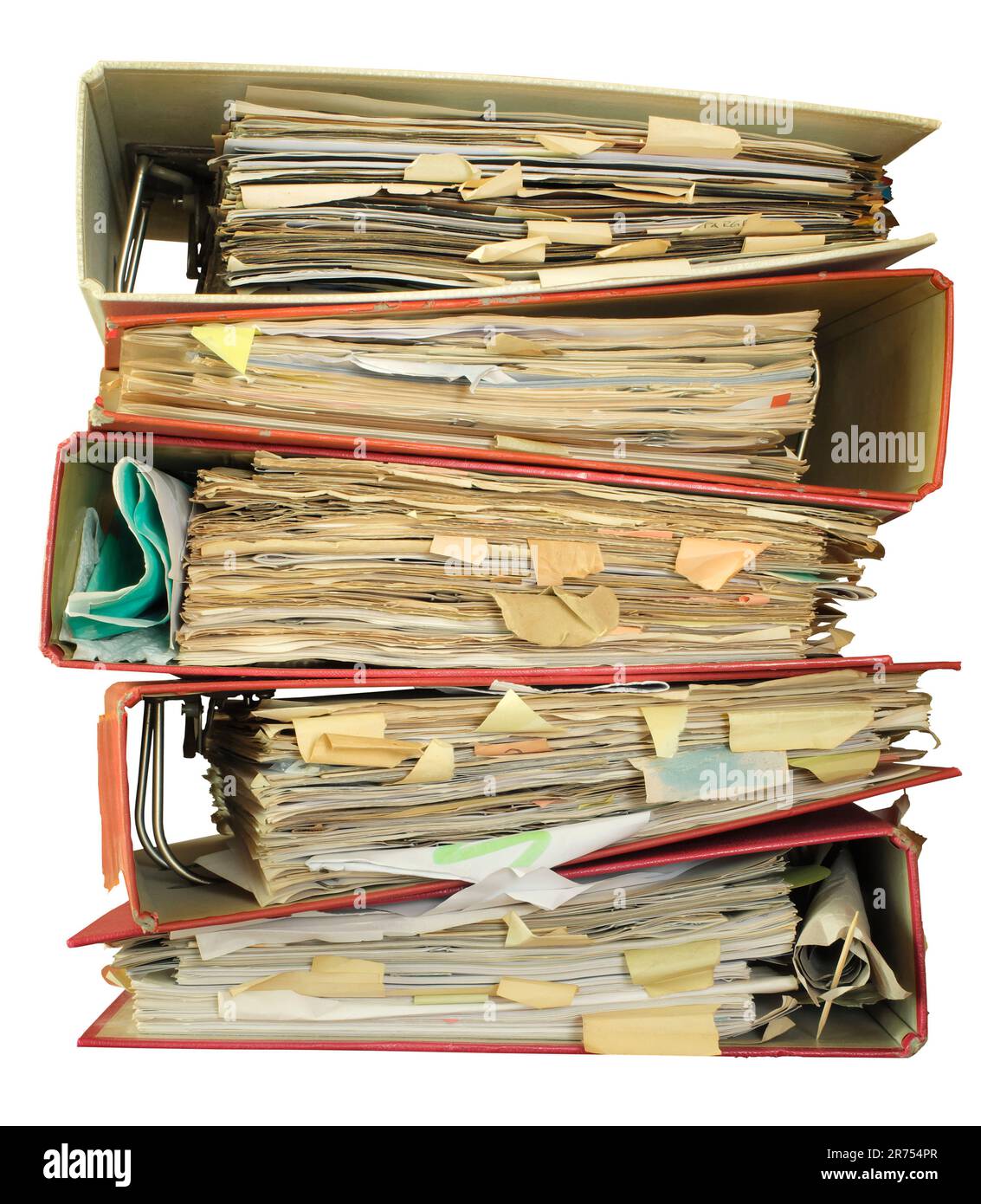 messy file folders,red tape, bureaucracy,aministration,business concept.Isolated on white background. Stock Photo