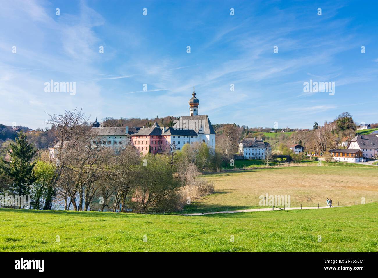 Anger, church St. Peter und Paul and former abbey Höglwörth, lake