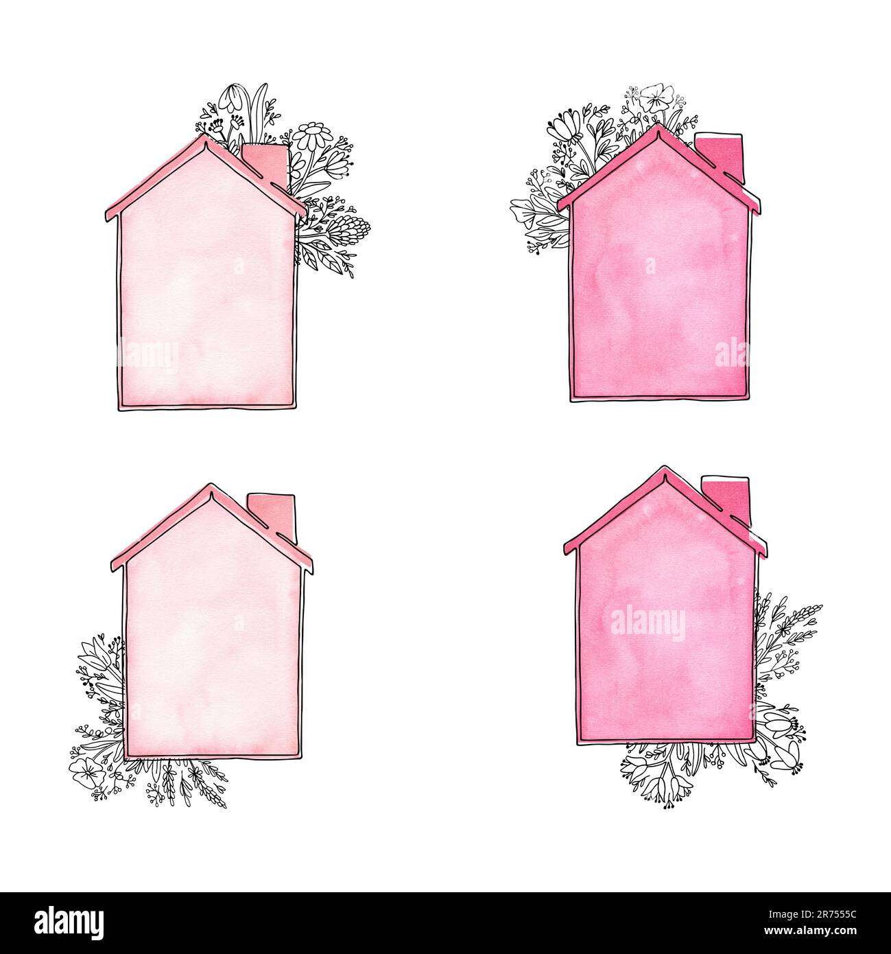 A set of pink houses with wildflowers hand-painted in watercolor and