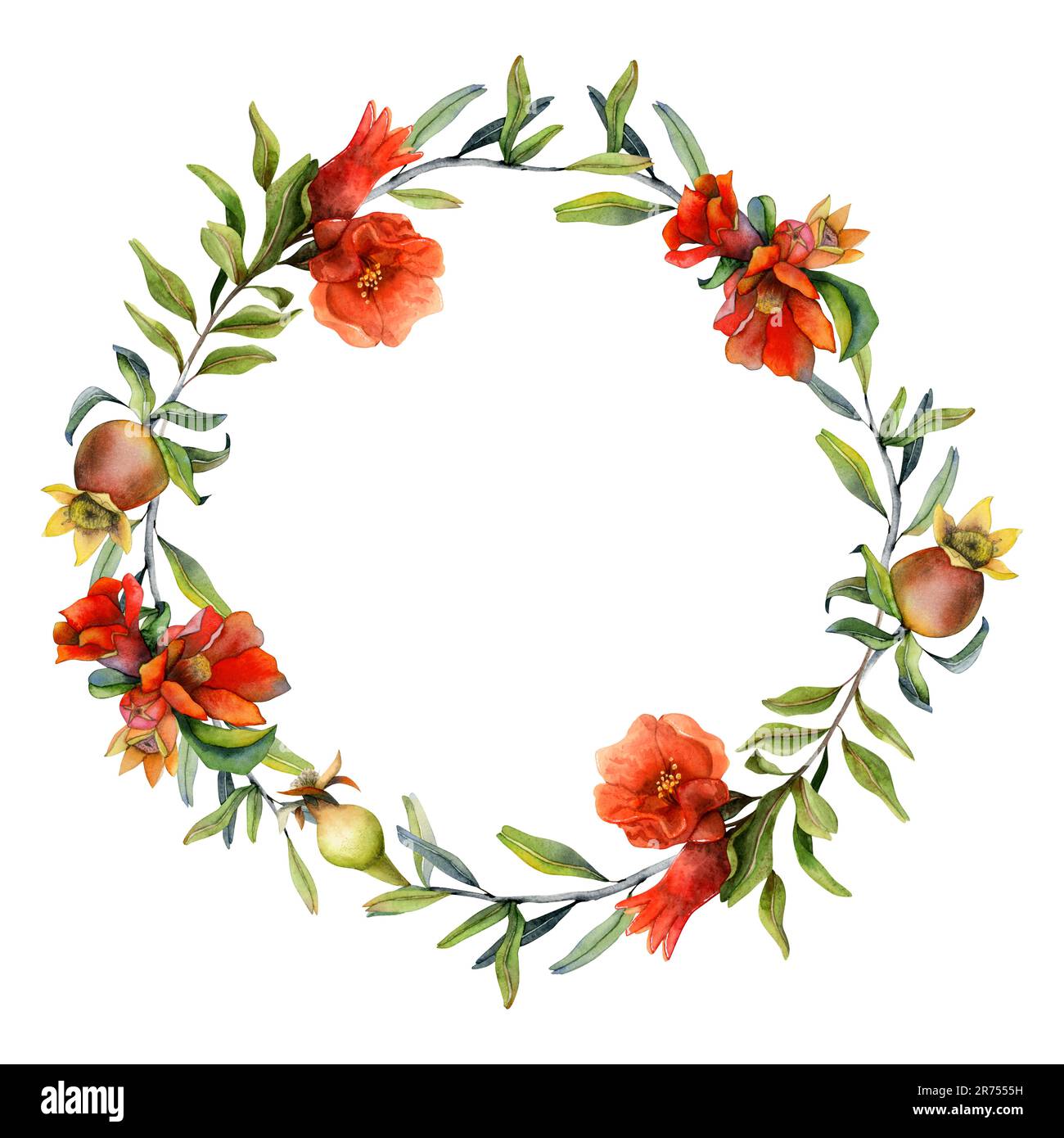 Red pomegranate flowers festive watercolor wreath round frame for Rosh Hashanah, wedding cards. Hand drawn illustration Stock Photo