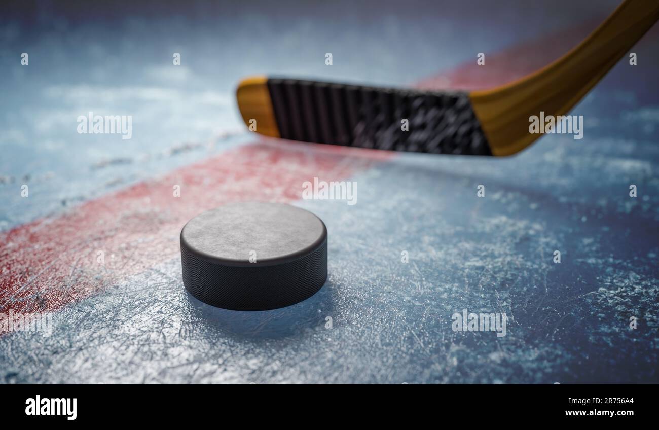 Hockey puck on ice at stadium. 3D rendered illustration Stock Photo Alamy