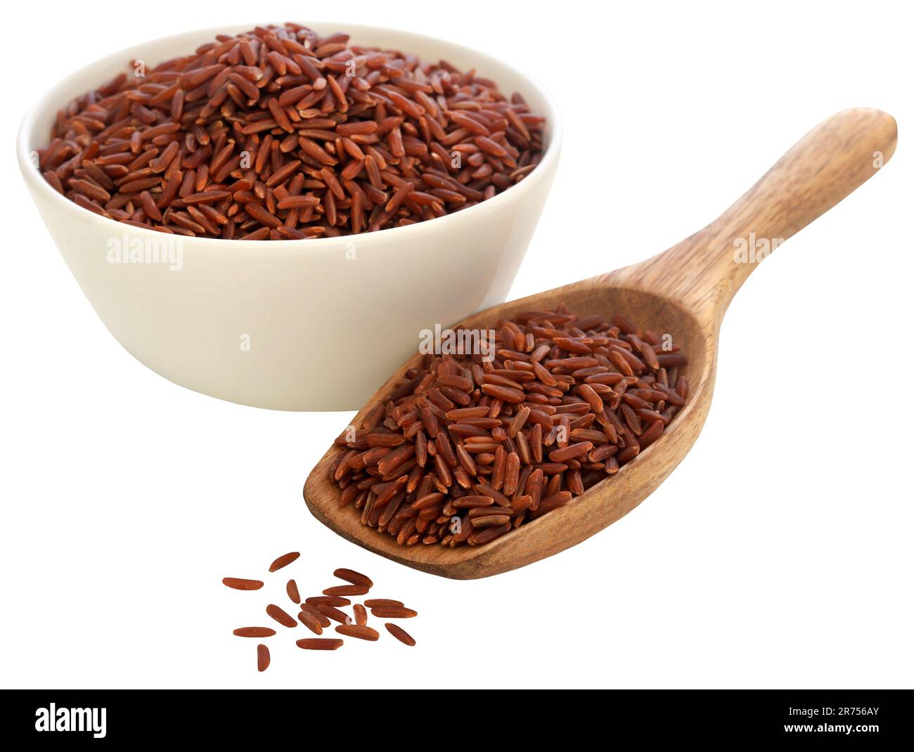 Red Jasmine rice in a wooden spoon and a bowl Stock Photo