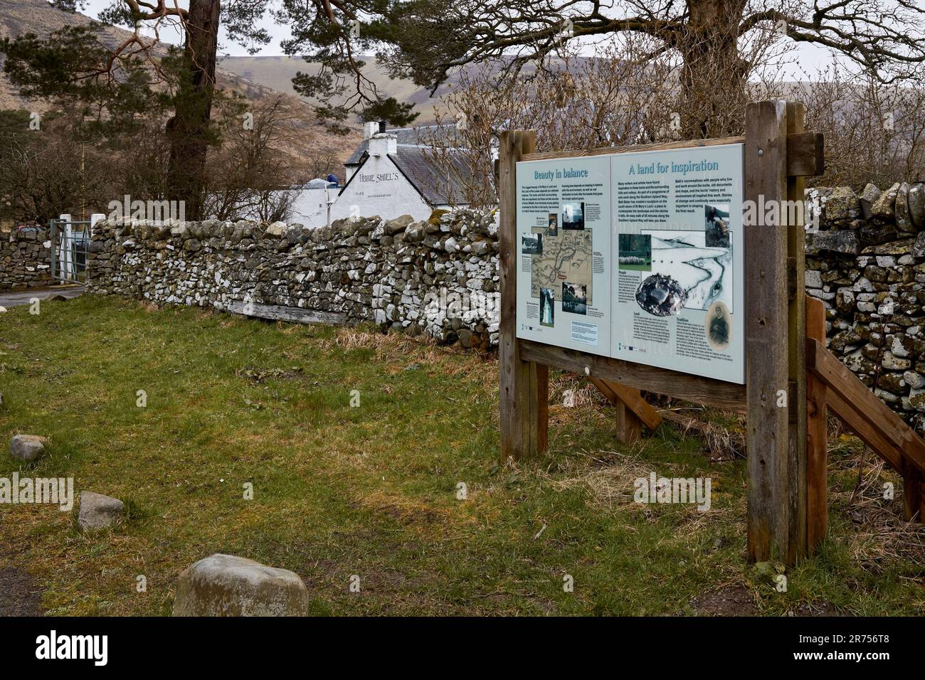 On the Southern Upland way, an information sign outside Tibbie Shiel's Inn by St Mary's Loch. Scotland Stock Photo