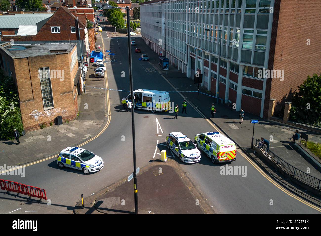 Hunters Road, Hockley, Birmingham 13th June 2023 - West Midlands Police on Hunters Road after a 41-year-old man was stabbed to death at a Birmingham bus stop on Monday evening. A forensic officer was seen using a scanner to map the crime scene in the Hockley area of the city. Officers have arrested two people. Paramedics called police to Hunters Road in Hockley just after 8pm yesterday, but despite their efforts the 41-year-old man died at the scene. His family has been informed. Credit: Stop Press Media/Alamy Live News Stock Photo