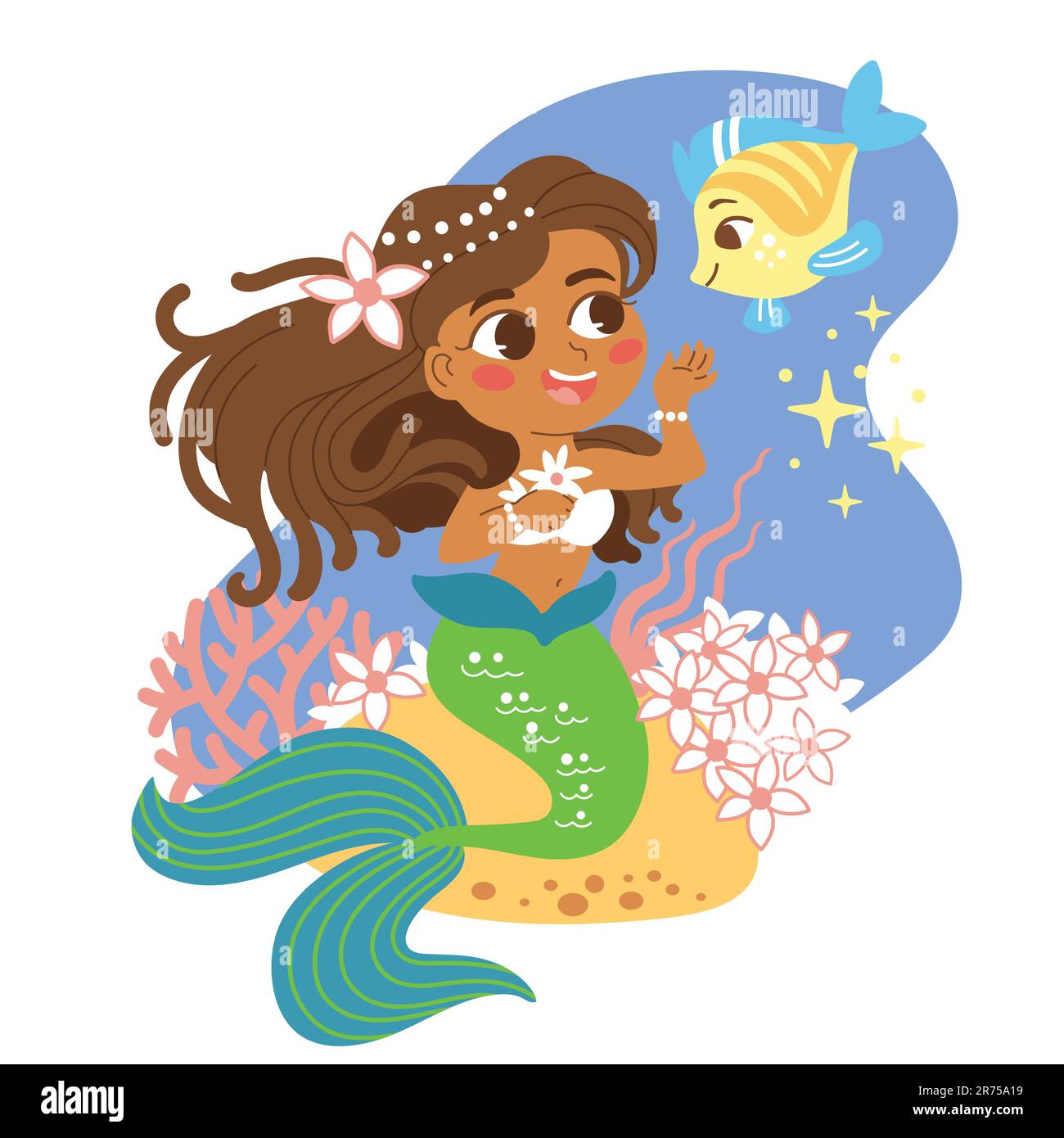 Cute cartoon black skin mermaid with a friend fish. Vector cartoon  illustration in flat style isolated on a white background. For print,  design, poste Stock Vector Image & Art - Alamy