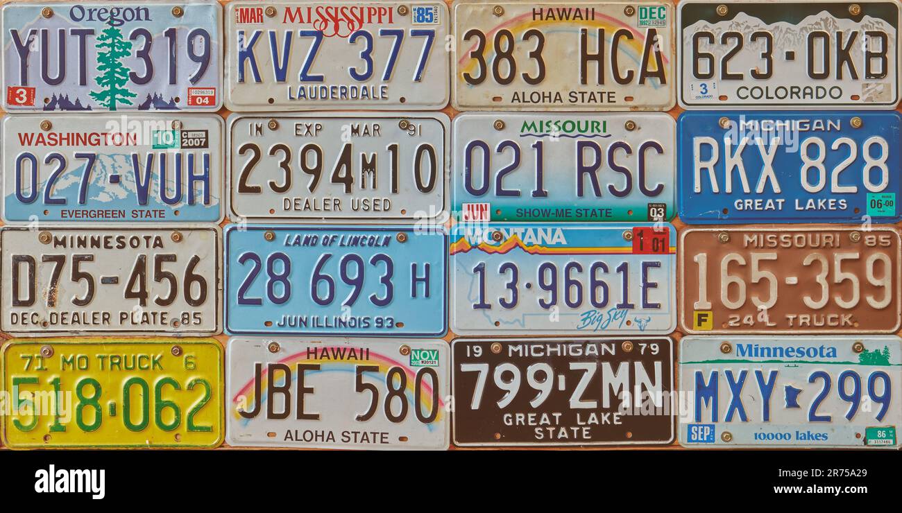 Drempt, The Netherlands - May 25, 2023: Old car license plates on a wall in Drempt, The Netherlands Stock Photo