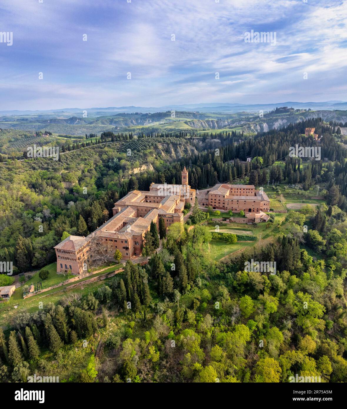 Aerial view of the abbey of Monte Oliveto Maggiore, Asciano, province of Siena, Tuscany, Italy Stock Photo