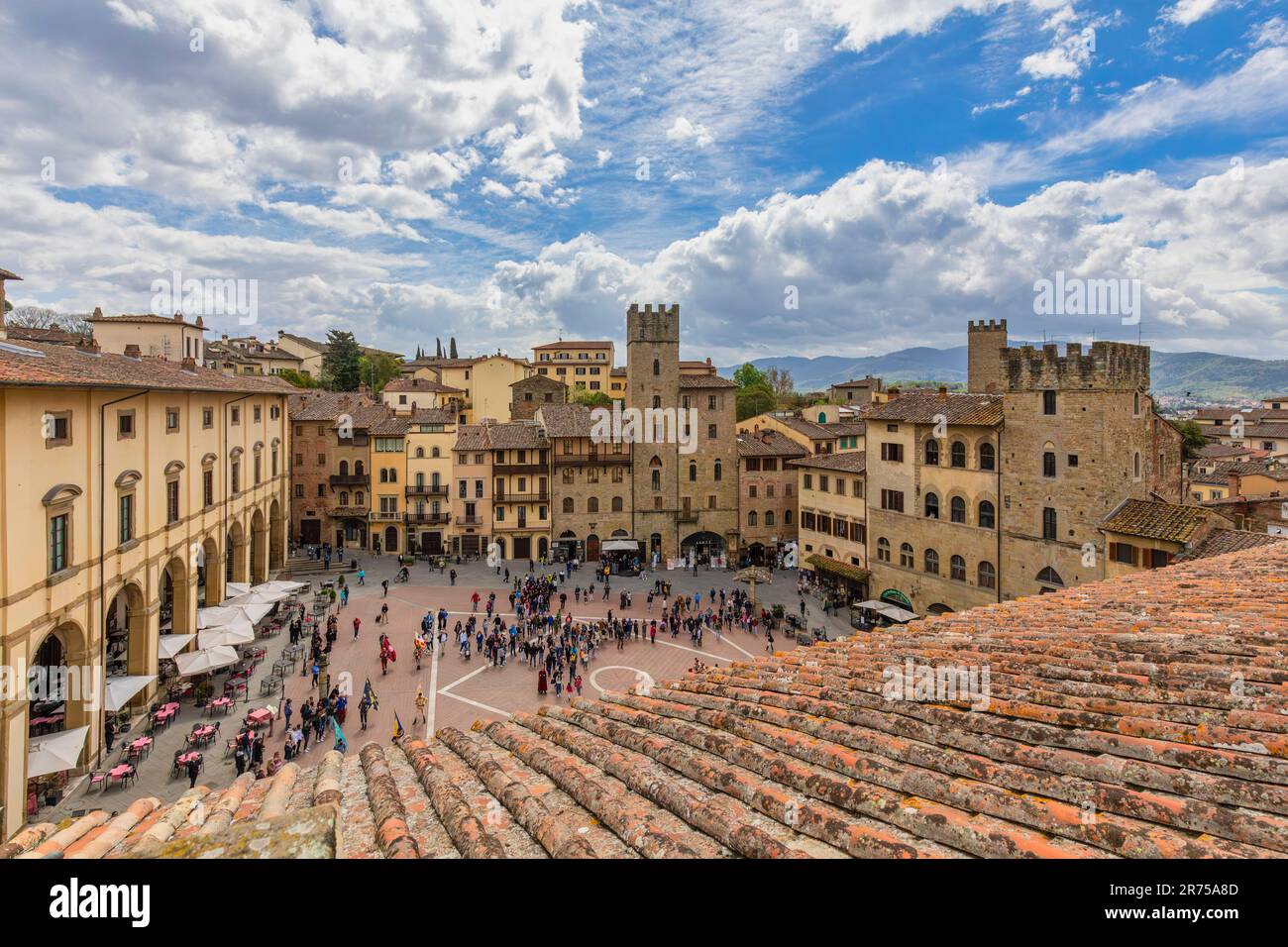 Italy, Tuscany, Arezzo, elevated view of Piazza Grande crowded of tourists Stock Photo