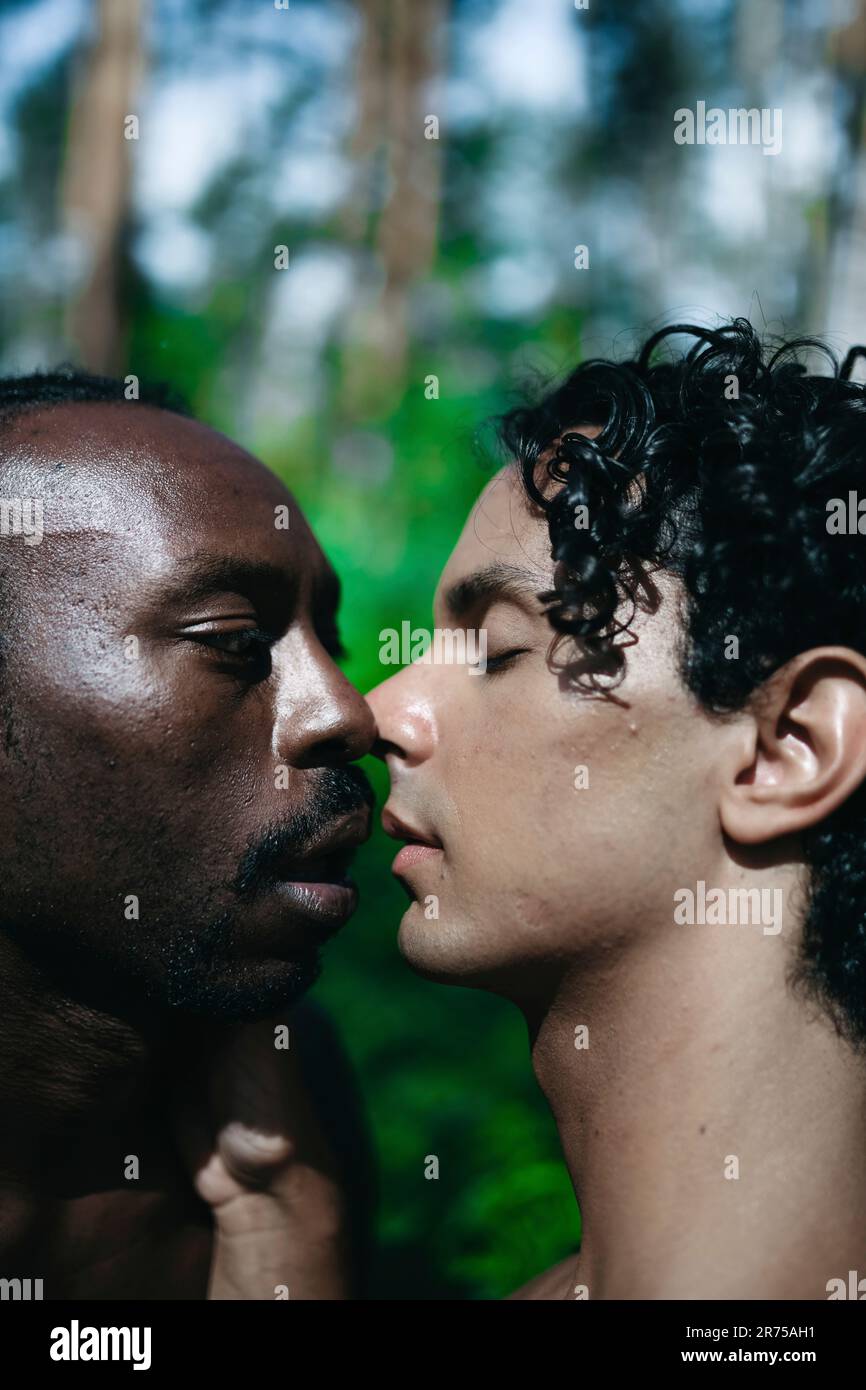 Naked gay couple in forest Stock Photo - Alamy