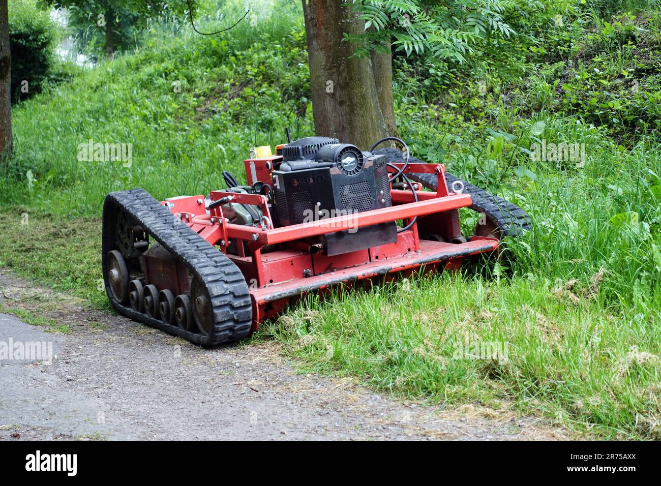 remote controlled caterpillar mower, Germany Stock Photo