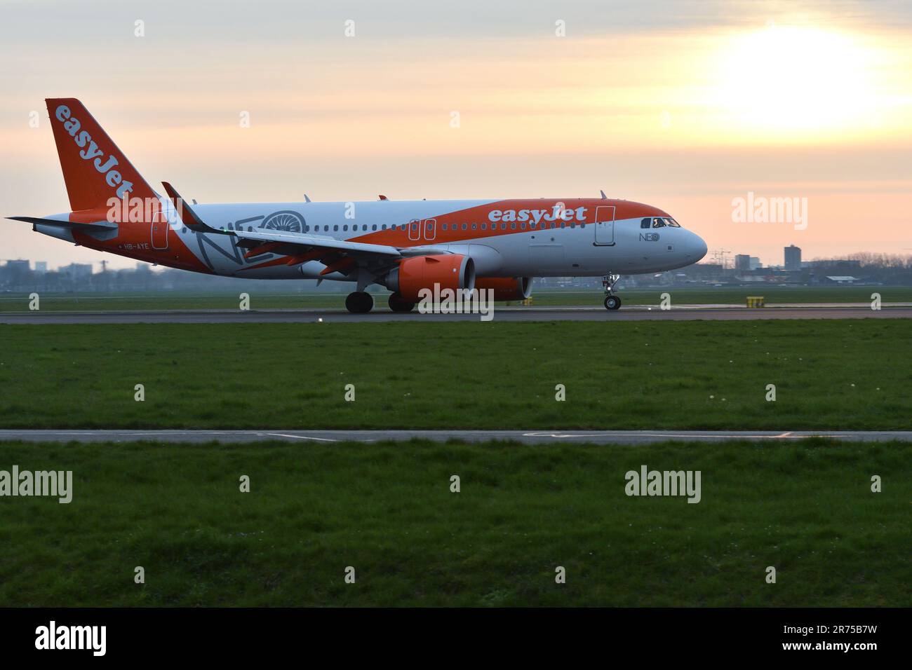 airliner on the runway, Netherlands, Schiphol Stock Photo