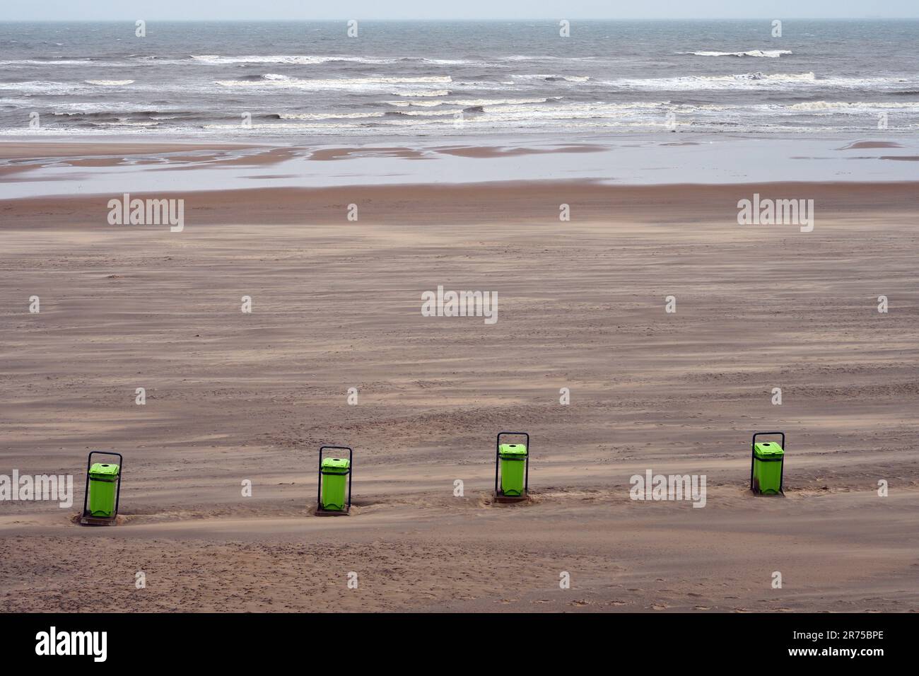rubbish bins on the empty sandy beach, Netherlands, Bloemendaal aan Zee Stock Photo