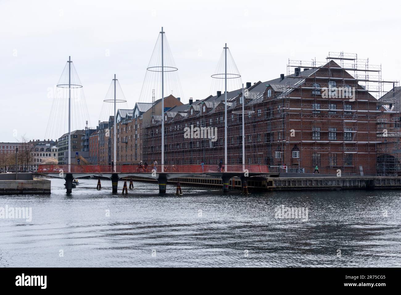 Circle Bridge, pedestrians, residential buildings, Copenhagen, Denmark ...