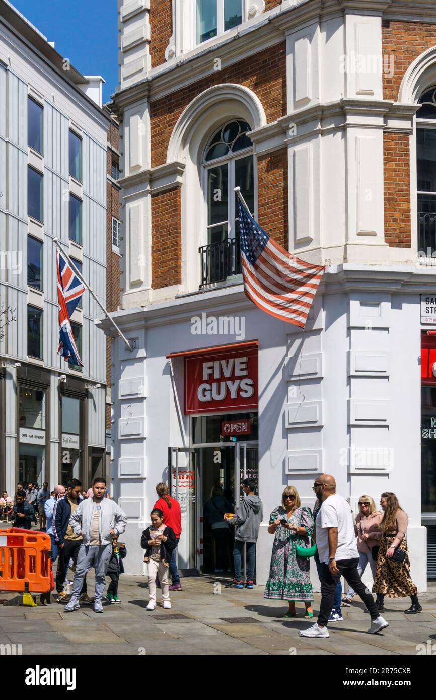 Five Guys restaurant in Long Acre, Covent Garden. Stock Photo