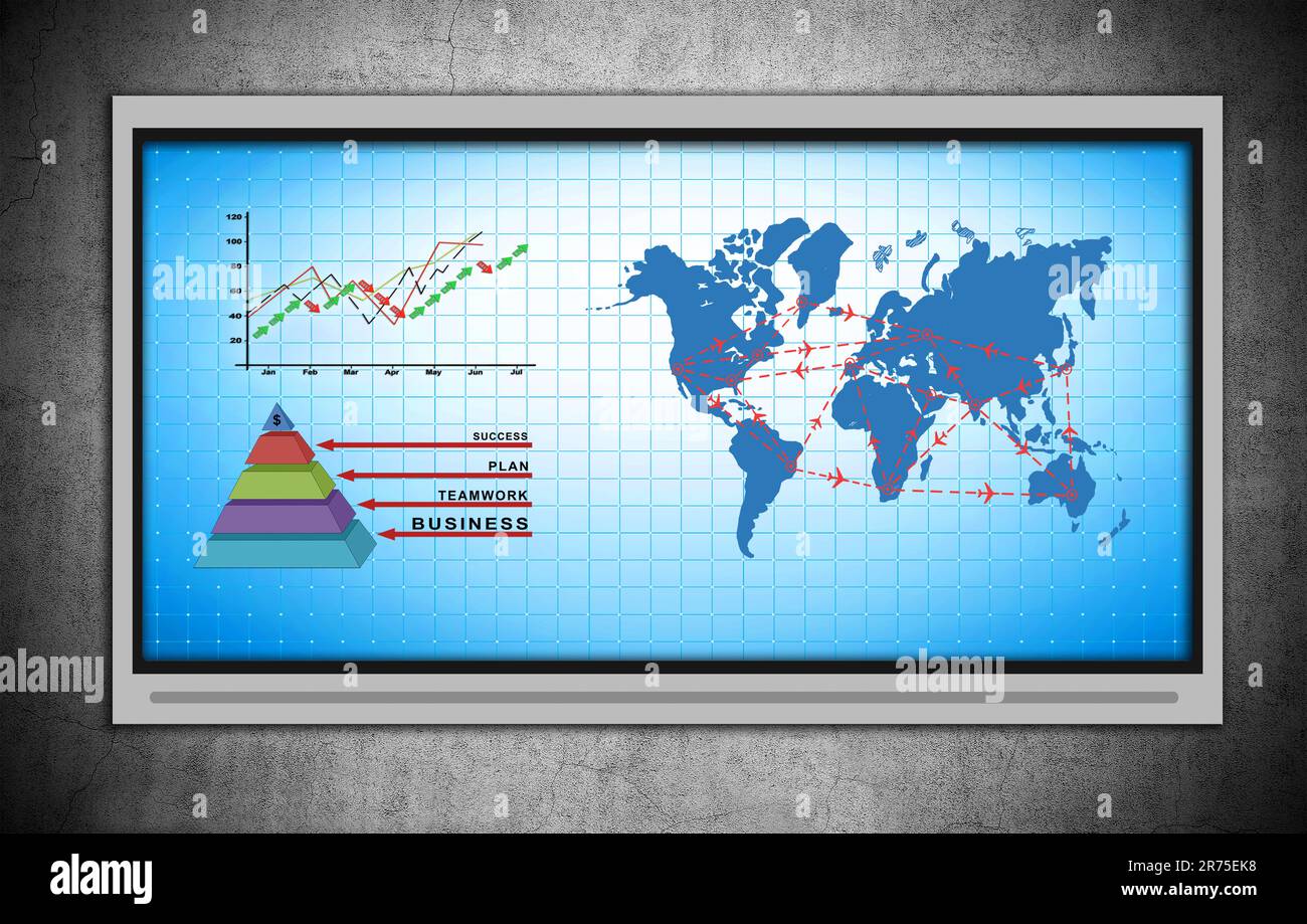 Plasma TV with business pyramid, chart and air travel plan Stock Photo