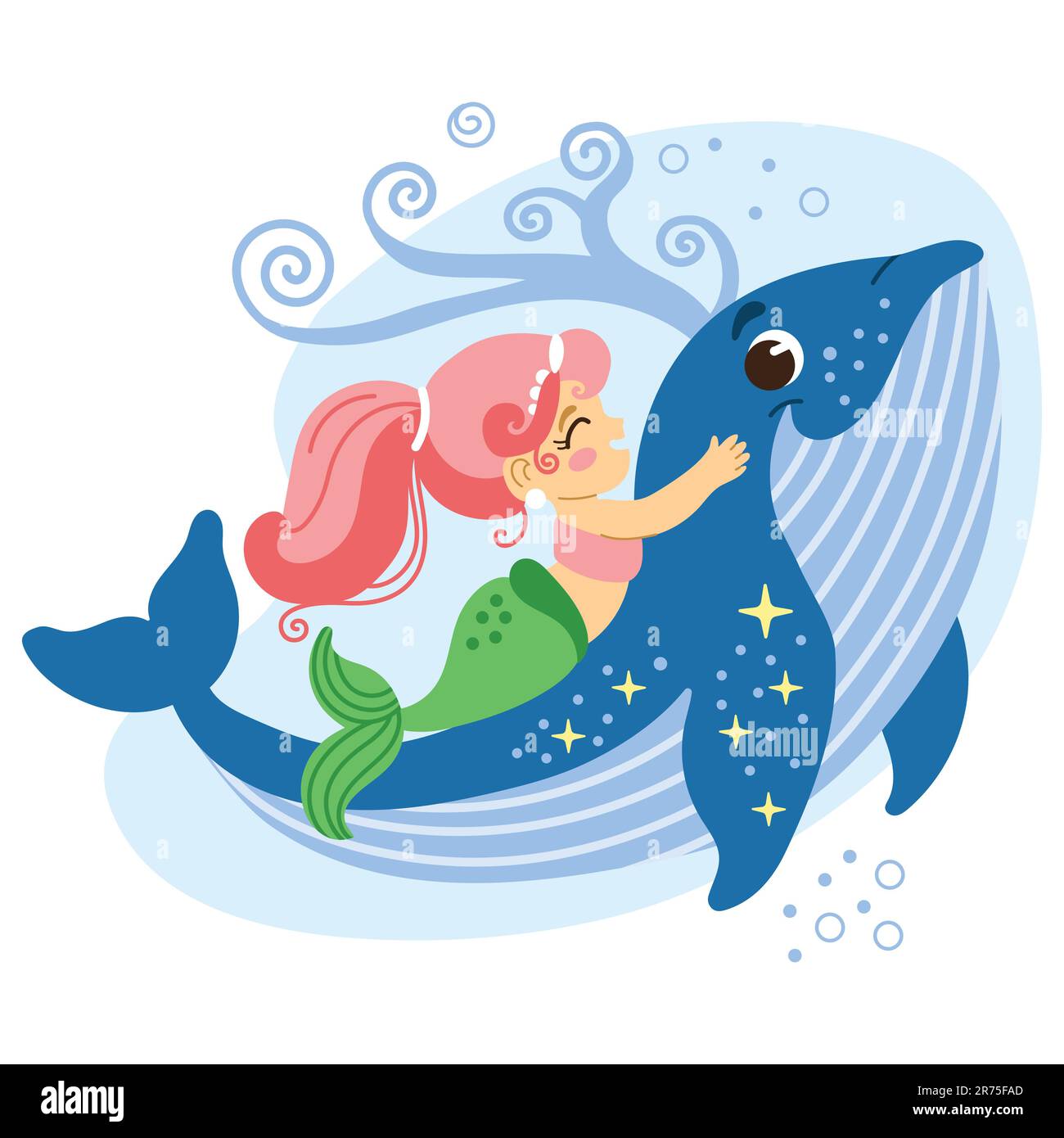 Cute cartoon pink haired mermaid ride on a friend whale. Vector cartoon isolated illustration in flat style. White background. For print, design, post Stock Vector