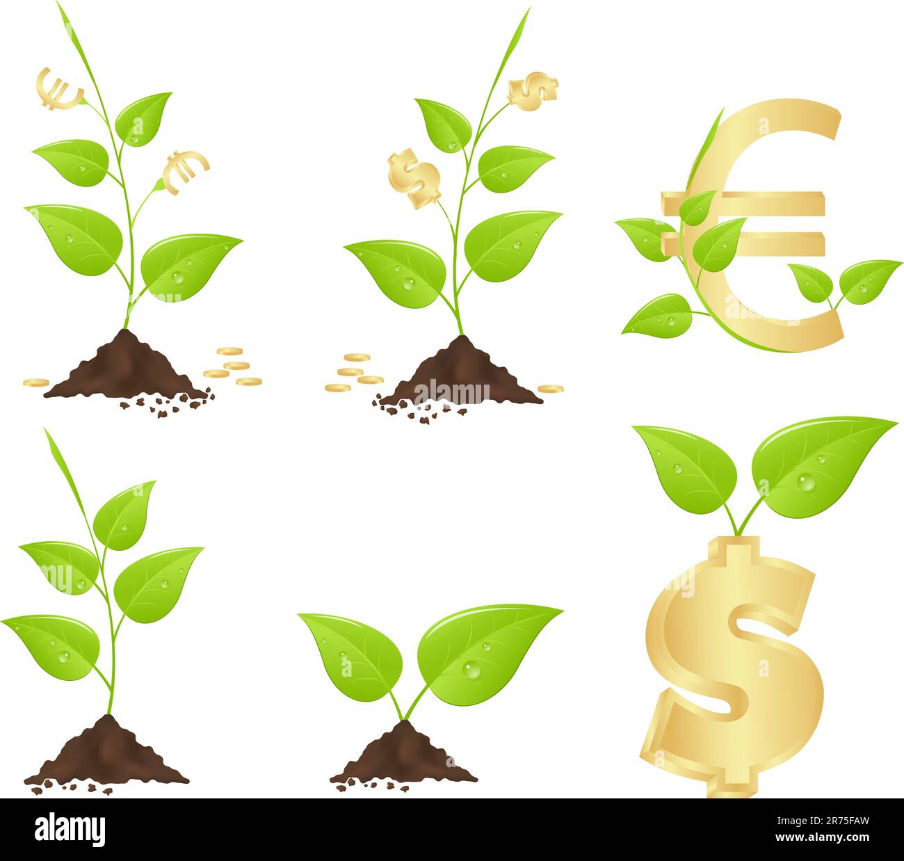 Young trees with leaves in the form of dollars and euros. Vector illustration, isolated on a white. Stock Vector