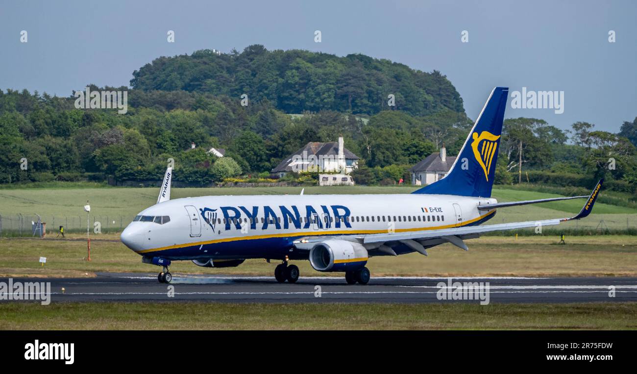 Ryanair Boeing 737 on the Runway at Prestwick Airport after just landing on a summer afternoon. Stock Photo