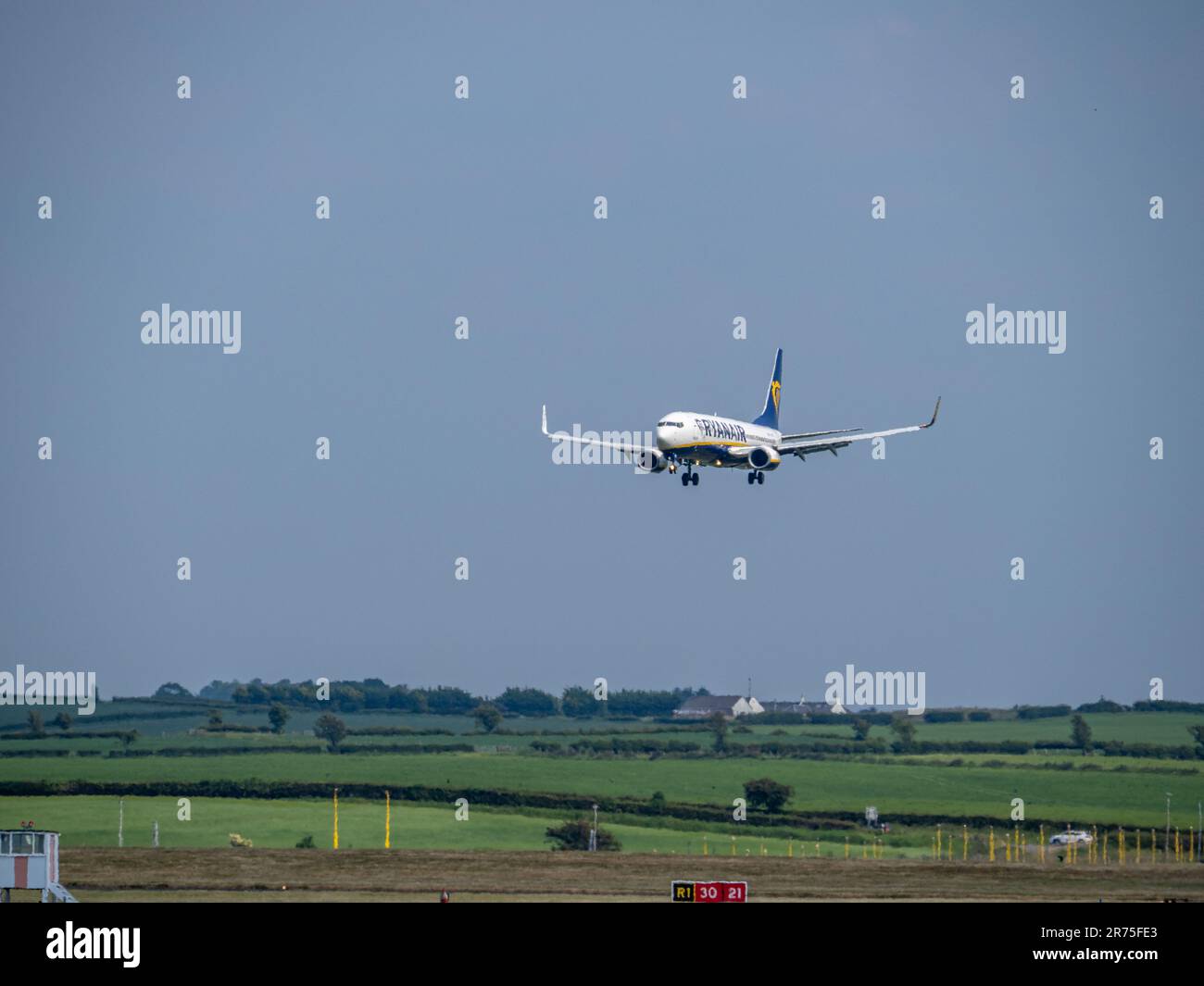 Ryanair Boeing 737 airliner approaching Prestwick Airport to land on a summer afternoon. Stock Photo