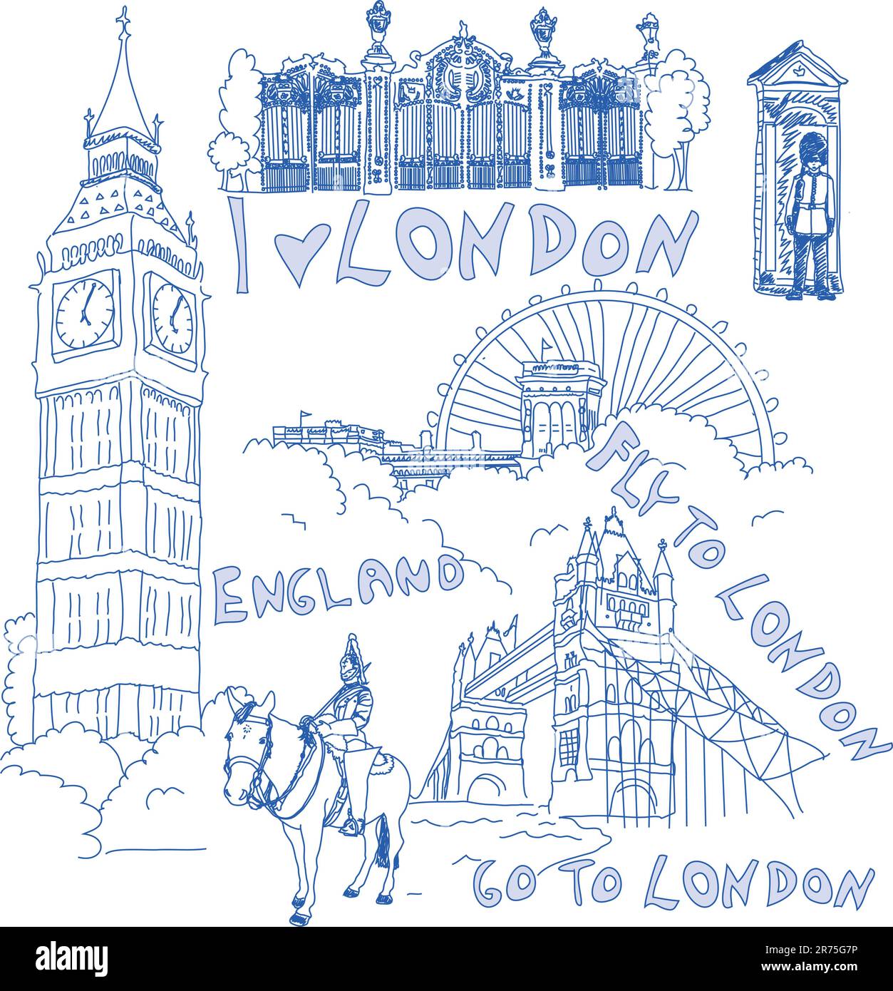 London hand drawn doodles of different sights. Stock Vector